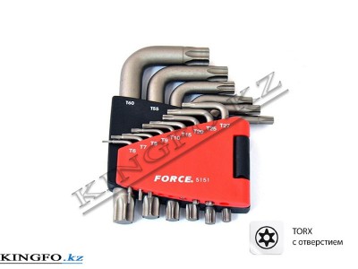 FORCE Набор Г-образных ключей TORX, T6H-T60H, с отверстием 15 пр.